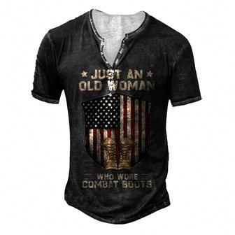 Just An Old Woman Who Wore Combat Boots Usa Flag Vintage T-Shirt Men's Henley Button-Down 3D Print T-shirt - Monsterry