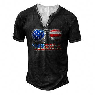 Merica Sunglasses 4Th Of July Patriotic American Flag Men's Henley T-Shirt | Mazezy