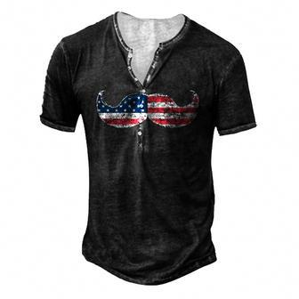 Mustache Silhouette American Flag Usa July 4Th Men's Henley T-Shirt | Mazezy