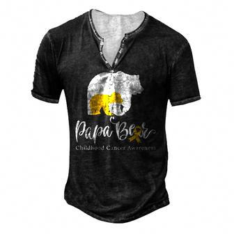 Mens Papa Bear Gold Ribbon Childhood Cancer Awareness Men's Henley T-Shirt | Mazezy