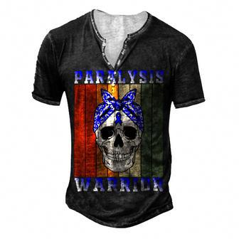 Paralysis Warrior Skull Women Vintage Blue Ribbon Paralysis Paralysis Awareness Men's Henley Button-Down 3D Print T-shirt - Monsterry UK