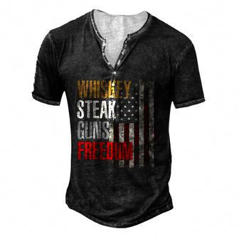 Patriotic American Flag Whiskey Steak Guns And Freedom Men's Henley T-Shirt | Mazezy