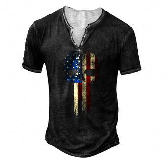 Patriotic Skull Usa Military American Flag Proud Veteran Men's Henley T-Shirt | Mazezy