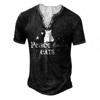 Peace Love Cats Animal Lover Cat Lover Men's Henley Button-Down 3D Print T-shirt - Monsterry
