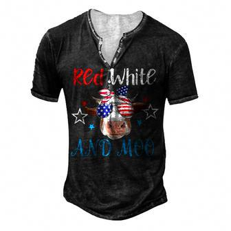 Red White And Moo Patriotic Cow Usa Flag 4Th Of July Farmer Men's Henley T-Shirt - Seseable