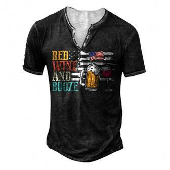 Retro America Flag Red Wine Booze Beer 4Th Of July Drinking Men's Henley T-Shirt - Seseable