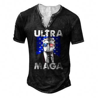 Retro Grunge Ultra Maga Trump Usa Flag Anti Biden Patriotic Men's Henley T-Shirt | Mazezy