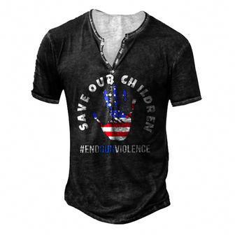 Save Our Children End Gun Violence American Flag Handprint Men's Henley T-Shirt | Mazezy
