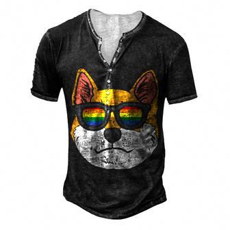 Shiba Inu Akita Dog Lgbtq Rainbow Flag Gay Pride Ally Lover T-Shirt Men's Henley T-Shirt - Seseable