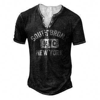 South Bronx Nyc Gym Style Distressed White Print Men's Henley T-Shirt - Seseable