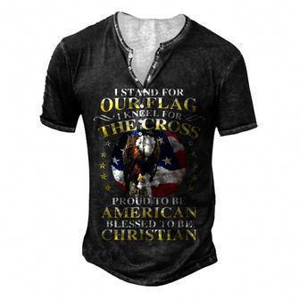 I Stand For Our Flag Kneel For The Cross Eagle 4Th Of July Men's Henley T-Shirt - Seseable