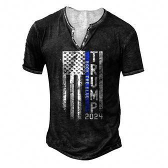 Trump 2024 Back The Blue American Flag Blue Line 4Th Of July Men's Henley T-Shirt | Mazezy