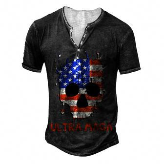 Ultra Maga Skull Make America Great Again American Flag Usa Flag Skull Men's Henley Button-Down 3D Print T-shirt - Monsterry