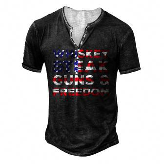 Whiskey Steak Guns & Freedom Usa Flag Bourbon Patriotic Usa Men's Henley T-Shirt | Mazezy