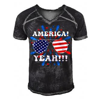 America Yeah Flag Sunglasses 4Th Of July Fireworks Men's Short Sleeve V-neck 3D Print Retro Tshirt - Seseable