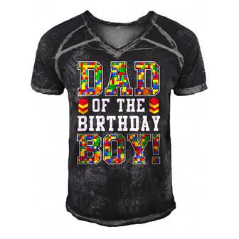 Dad Of The Birthday Boy Block Building Boys Kids Men's Short Sleeve V-neck 3D Print Retro Tshirt | Mazezy