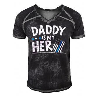 Daddy Is My Hero Kids Police Thin Blue Line Law Enforcement Men's Short Sleeve V-neck 3D Print Retro Tshirt | Mazezy