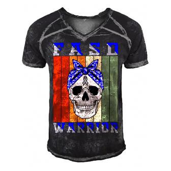 Fasd Warrior Skull Women Vintage Blue And Grey Ribbon Fetal Alcohol Spectrum Disorder Fetal Alcohol Spectrum Disorder Awareness Men's Short Sleeve V-neck 3D Print Retro Tshirt | Favorety UK