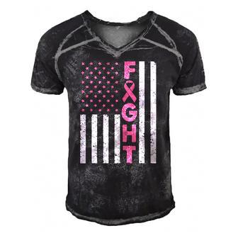 Fight Pink Ribbon Flag Breast Cancer Awareness Men's Short Sleeve V-neck 3D Print Retro Tshirt | Mazezy