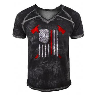 Firefighter Red Line Us Flag Crossed Axes Printed Back Men's Short Sleeve V-neck 3D Print Retro Tshirt | Mazezy