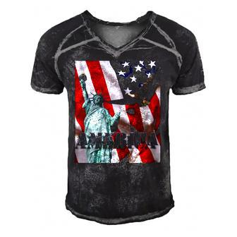 Fourth Of July Flag Eagle Statue Of Liberty American Patriot Men's Short Sleeve V-neck 3D Print Retro Tshirt | Mazezy