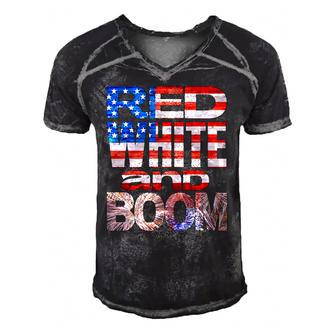 Fourth Of July Red White And Boom Fireworks Finale Usa Flag Men's Short Sleeve V-neck 3D Print Retro Tshirt | Mazezy