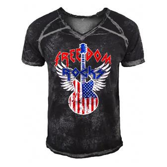 Freedom Rocks 4Th Of July Patriotic Usa Flag Rock Guitar Men's Short Sleeve V-neck 3D Print Retro Tshirt | Mazezy