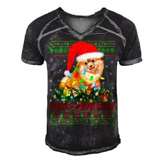 Funny Xmas Lighting Tree Santa Ugly Pomeranian Dog Christmas T-Shirt Men's Short Sleeve V-neck 3D Print Retro Tshirt - Seseable