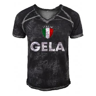 Gela Italia Flag Shield Sicilia Roots Men's Short Sleeve V-neck 3D Print Retro Tshirt | Mazezy