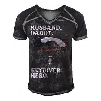 Husband Daddy Skydiver Hero Fathers Day 4Th Of July For Dad Men's Short Sleeve V-neck 3D Print Retro Tshirt - Seseable