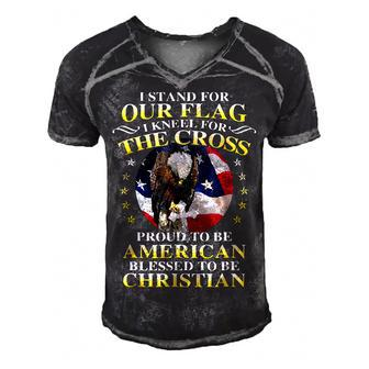 I Stand For Our Flag Kneel For The Cross Eagle 4Th Of July Men's Short Sleeve V-neck 3D Print Retro Tshirt - Seseable