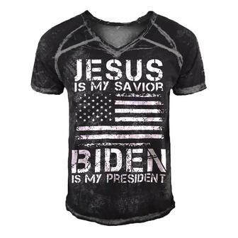 Jesus Is My Savior Biden Is My President Us Flag Supporter Vintage 21K5 Men's Short Sleeve V-neck 3D Print Retro Tshirt - Monsterry