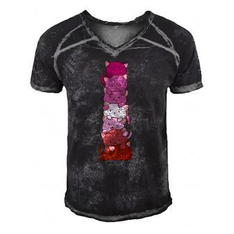 Lesbian Pride Flag Cute Pink Kawaii Cat Stack Anime Art Men's Short Sleeve V-neck 3D Print Retro Tshirt | Mazezy