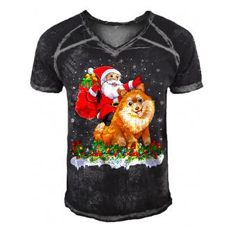 Lighting Xmas Funny Santa Claus Riding Pomeranian Christmas T-Shirt Men's Short Sleeve V-neck 3D Print Retro Tshirt - Seseable