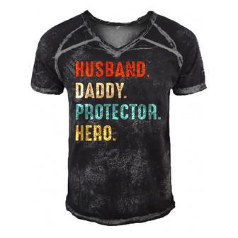 Mens Husband Daddy Protector Hero Dad Father Funny Fathers Day Men's Short Sleeve V-neck 3D Print Retro Tshirt | Mazezy