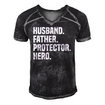 Mens Husband Father Protector Hero Funny Fathers Day Men's Short Sleeve V-neck 3D Print Retro Tshirt | Mazezy