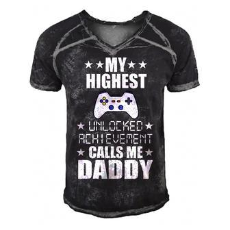 Mens My Highest Unlocked Achievement Calls Me Daddy Gamer Dad V2 Men's Short Sleeve V-neck 3D Print Retro Tshirt - Seseable
