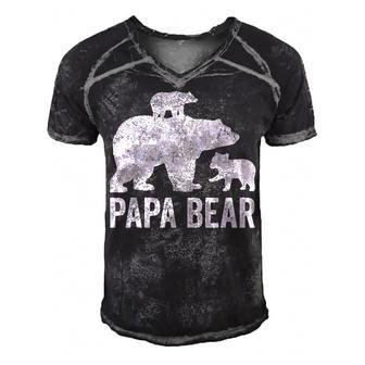Mens Papa Bear Fathers Day Grandad Fun 2 Cub Kid Grandpa Men's Short Sleeve V-neck 3D Print Retro Tshirt - Seseable
