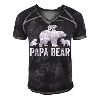 Mens Papa Bear Fathers Day Grandad Fun 3 Cub Kid Grandpa Men's Short Sleeve V-neck 3D Print Retro Tshirt - Seseable