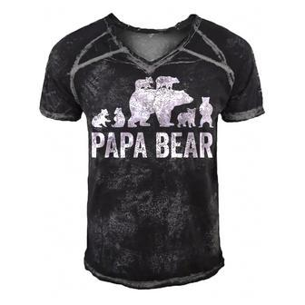 Mens Papa Bear Fathers Day Grandad Fun 6 Cub Kid Grandpa Men's Short Sleeve V-neck 3D Print Retro Tshirt - Seseable