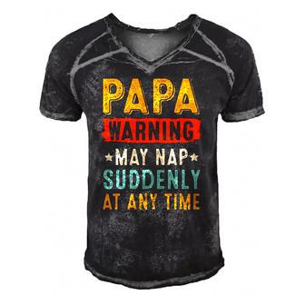 Mens Papa Warning May Nap Suddenly At Any Time Vintage Fathers Day Men's Short Sleeve V-neck 3D Print Retro Tshirt | Mazezy