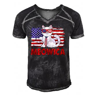 Meowica Cat Lover Usa Flag Independence Day 4Th Of July Men's Short Sleeve V-neck 3D Print Retro Tshirt | Mazezy