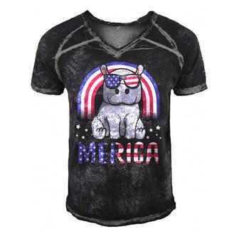 Merica Hippopotamus American Flag 4Th Of July Hippo Men's Short Sleeve V-neck 3D Print Retro Tshirt | Mazezy