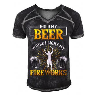 My Beer Hold While I Light My Fireworks Pyro Pyrotechnician Men's Short Sleeve V-neck 3D Print Retro Tshirt - Seseable