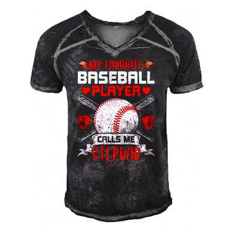 My Favorite Baseball Player Calls Me Stepdad Men's Short Sleeve V-neck 3D Print Retro Tshirt | Mazezy