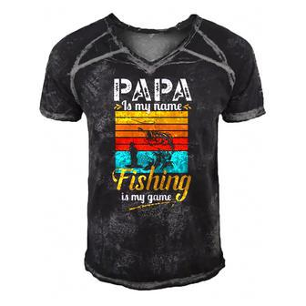 Papa Is My Name Fishing Is My Game Funny Dad Fishing Gifts Men's Short Sleeve V-neck 3D Print Retro Tshirt | Mazezy