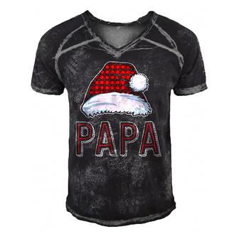 Papa Santa Plaid Red Family Matching Christmas Pajamas Men's Short Sleeve V-neck 3D Print Retro Tshirt | Mazezy