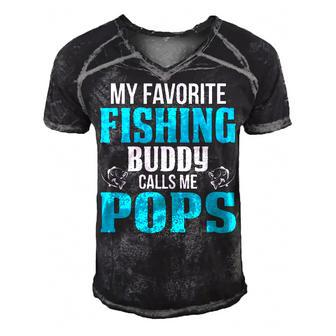Pops Grandpa Fishing Gift My Favorite Fishing Buddy Calls Me Pops Men's Short Sleeve V-neck 3D Print Retro Tshirt - Seseable