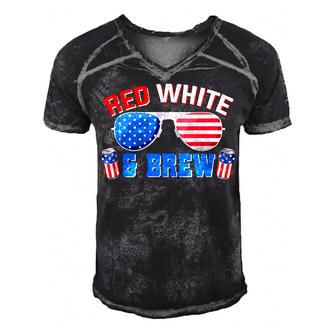 Red White And Brew 4Th Of July Funny Drinking Sunglasses Men's Short Sleeve V-neck 3D Print Retro Tshirt - Seseable