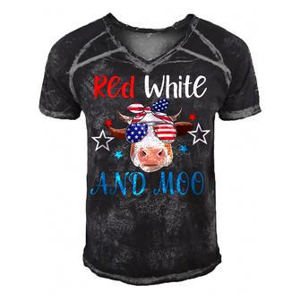 Red White And Moo Patriotic Cow Usa Flag 4Th Of July Farmer Men's Short Sleeve V-neck 3D Print Retro Tshirt - Seseable